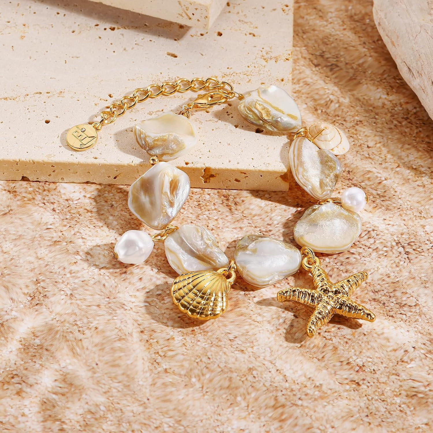 Natural Freshwater Shell Bracelet with Pearl Starfish Pendant Irregular Mother o