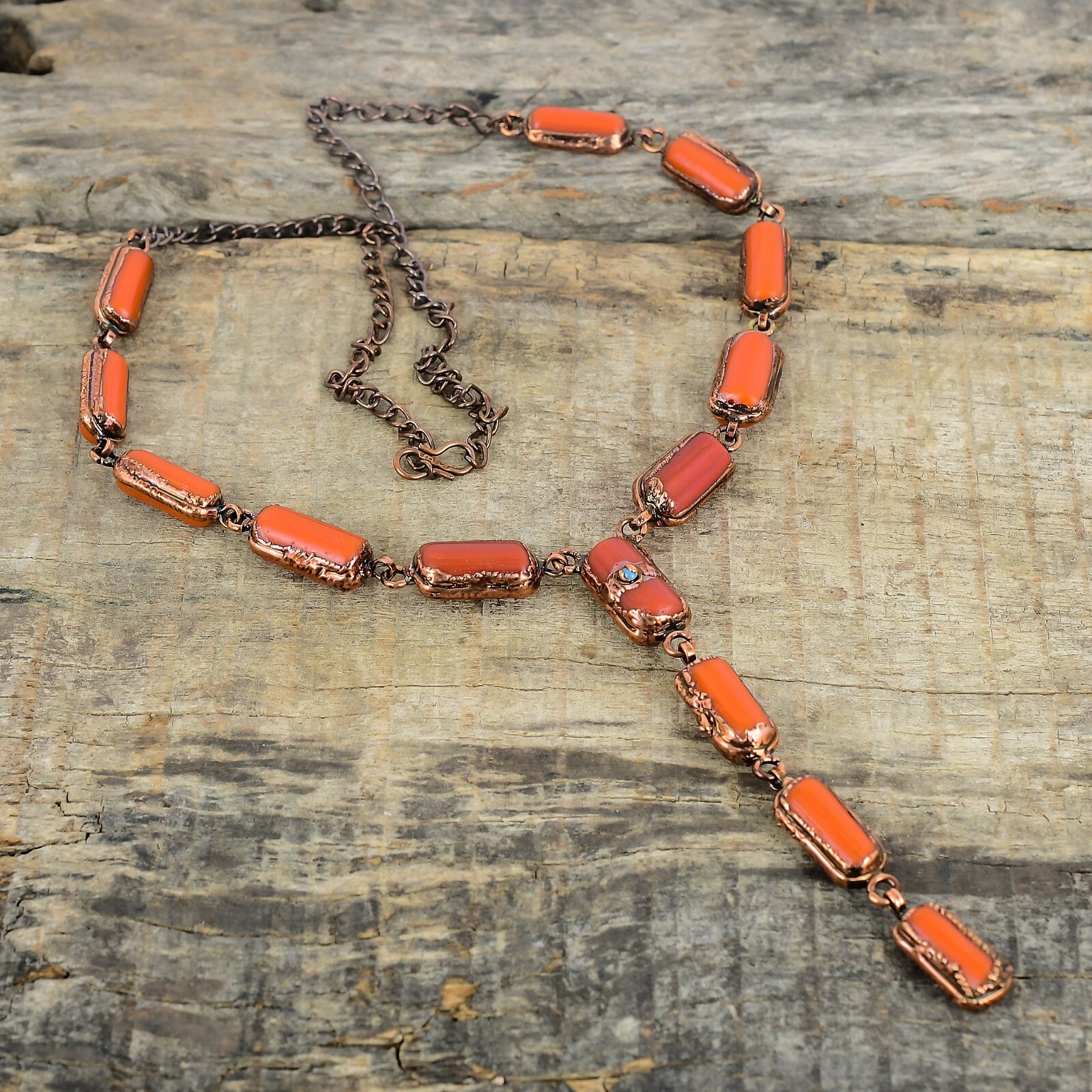 Red Coral Gemstone Turquoise Copper Sister Chain Electroformed Necklace Jewelry