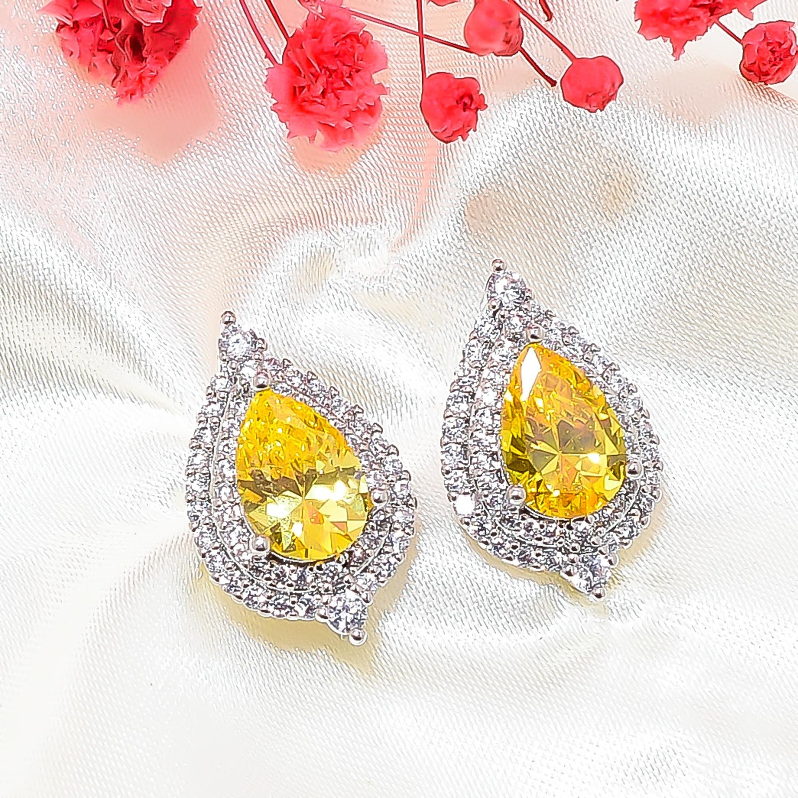 Citrine & Cz 925 Sterling Silver Floral Halo Drop Earring 0.75″ E15533