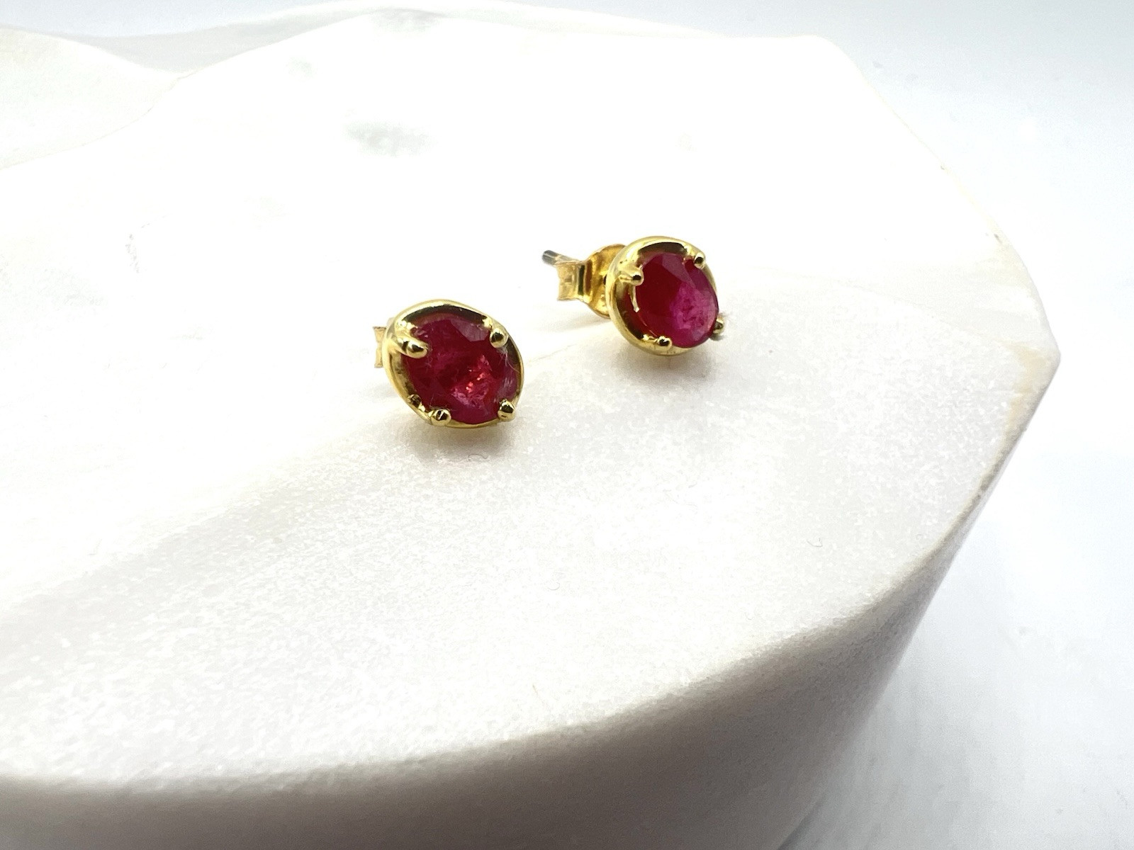 Ruby Gemstone Oval Post Back Earrings – Roost Collection – Gold Plated Silver