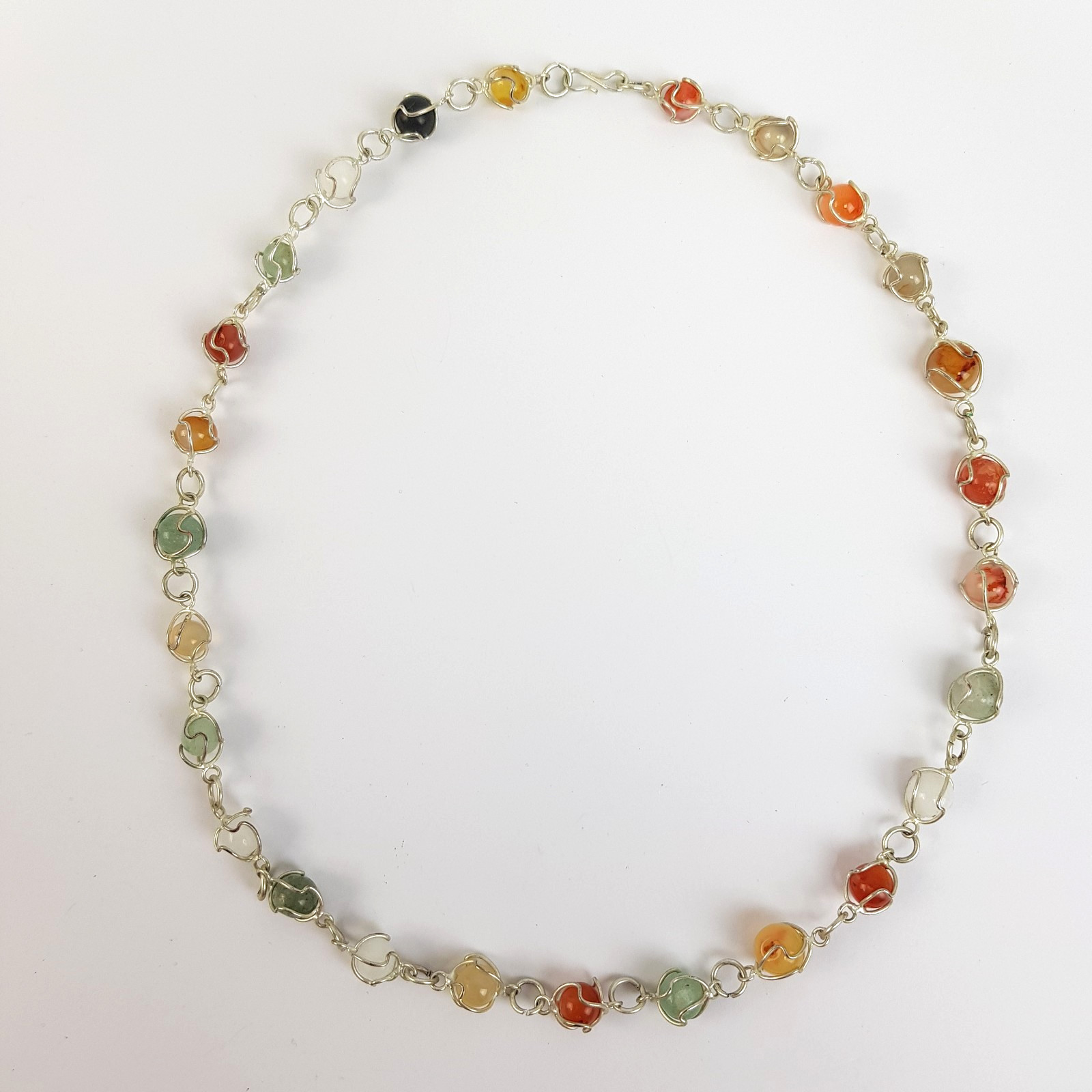 Mixed Colour Semi Precious Gemstone Silver Tone Wire Wrapped Necklace 52.5cm