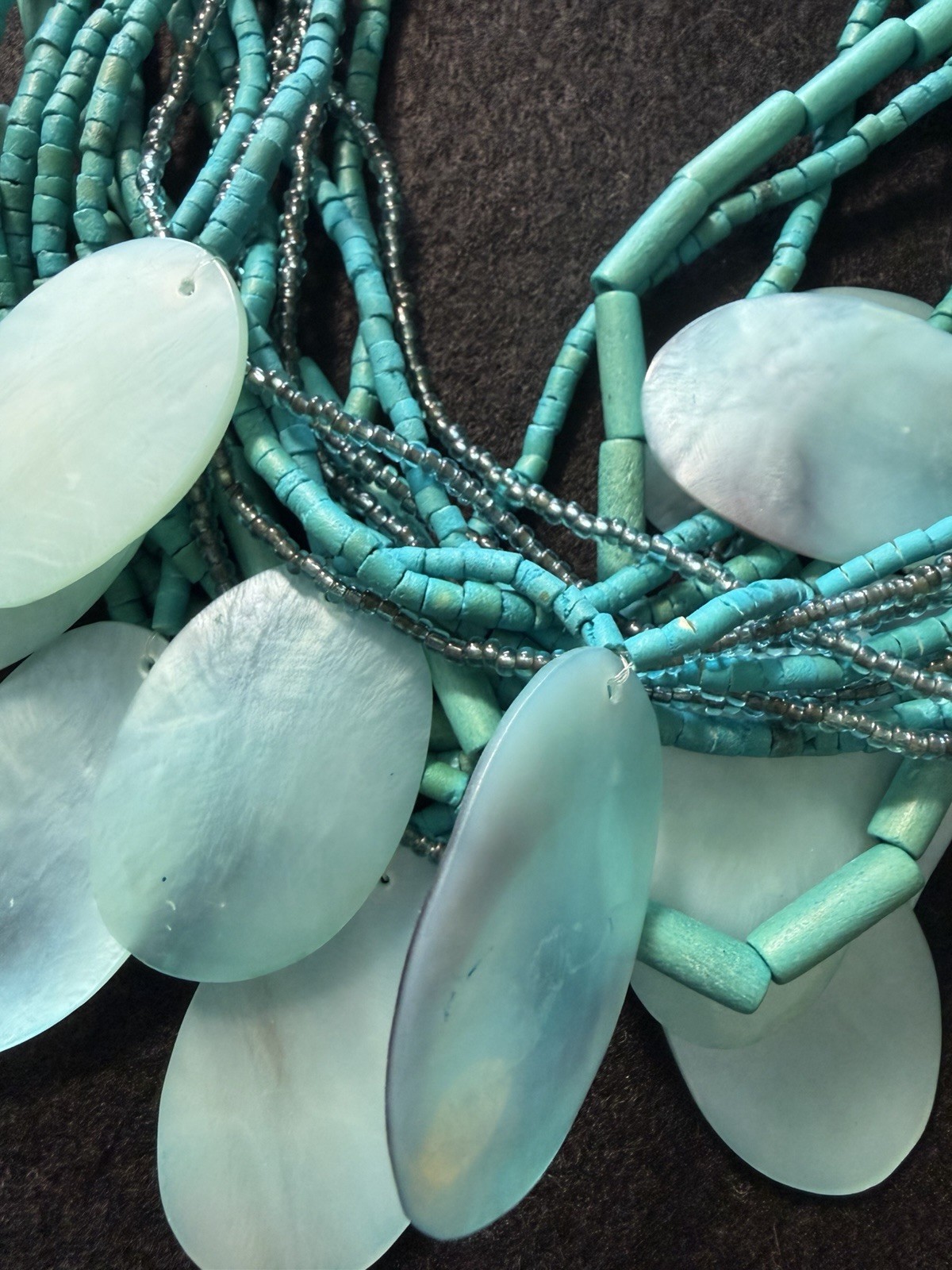 Boho Turquoise Multi Strand Shell Statement Necklace Coastal Resort Layered Bead