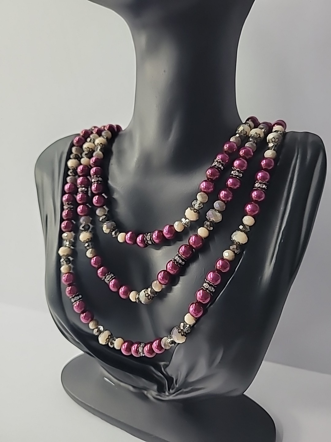 Vintage Necklace Beaded Pink Purple White Crystals Jewelry Costume