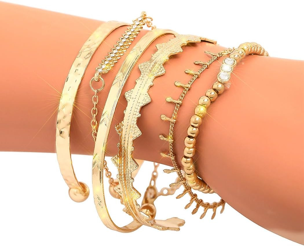 Boho Gold Cuff Bangles Bracelets Layered Stackable Chain Set Rhinestone Open Cuf