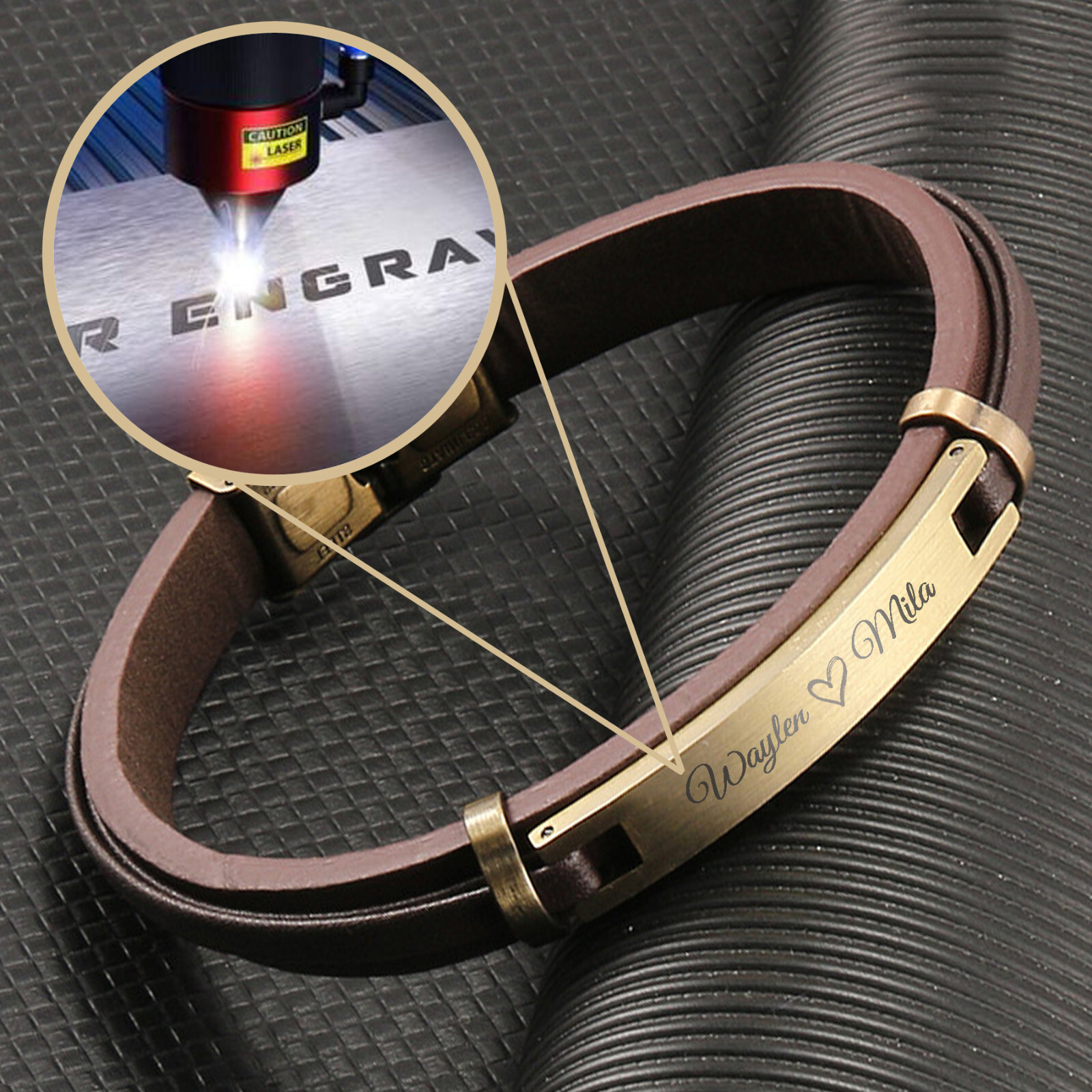 Personalized Engraved Stainless Steel Genuine Leather Bracelet Antique Gold Tone