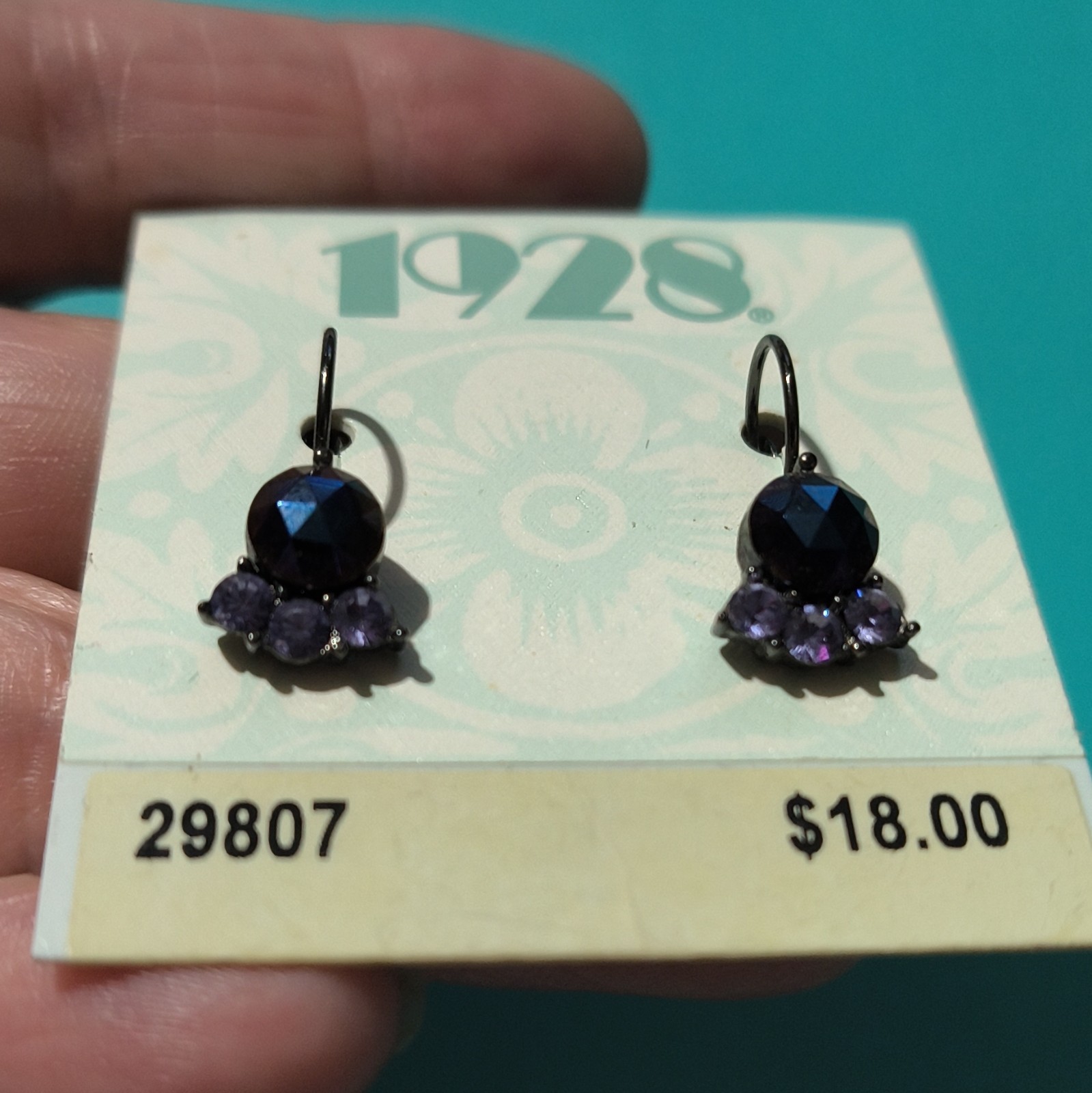 1928 Purple Crystal Leverback Dangle/Drop Earrings Prong Set Round MPN 29807