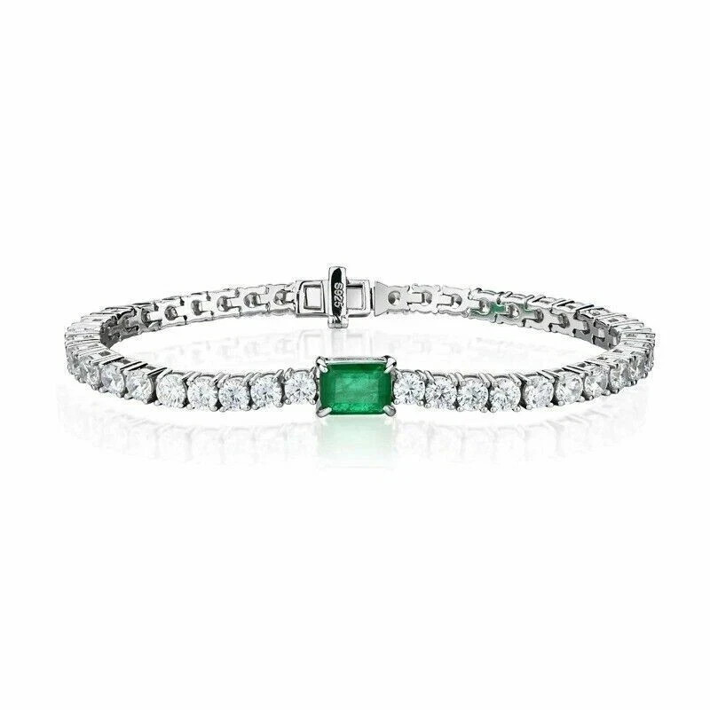 6.50 Ct Simulated Green Emerald & Diamond Tennis Bracelet 14k White Gold Plated