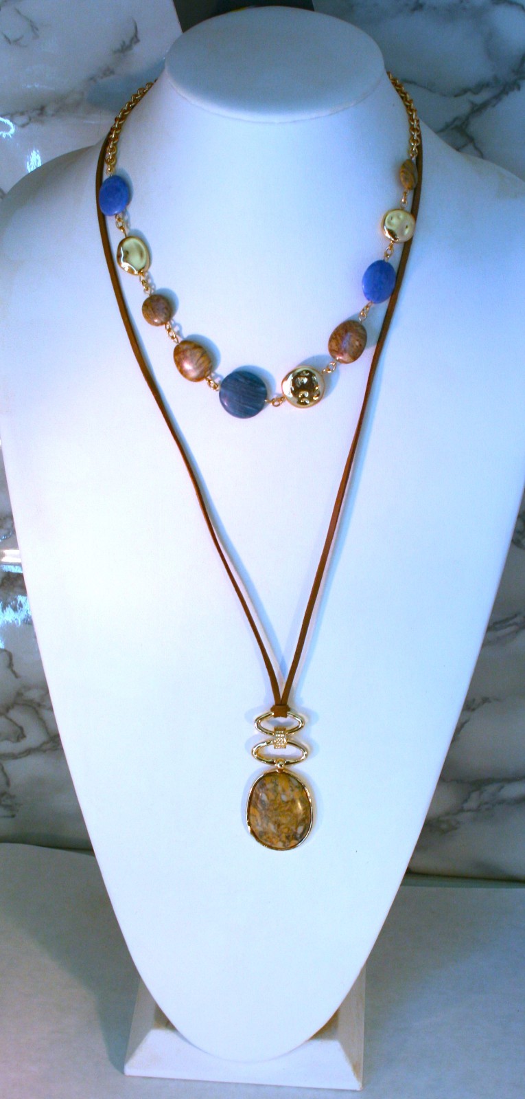 Style&Co layered tan faux stone layered pendant necklace 18″ & 26″