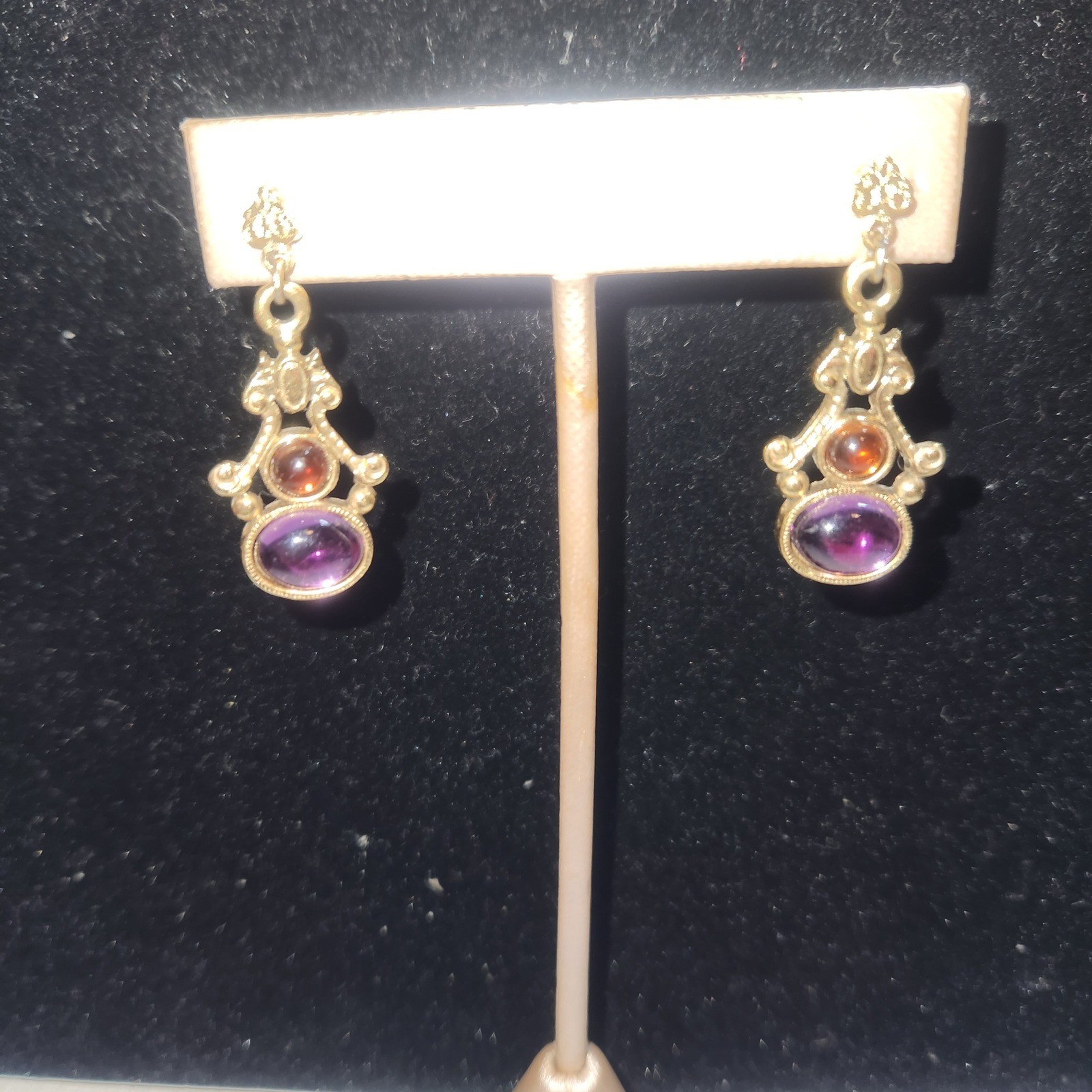 Vintage Victorian Style Gold Tone Purple Amber Cabochon Drop stud Earrings 1928