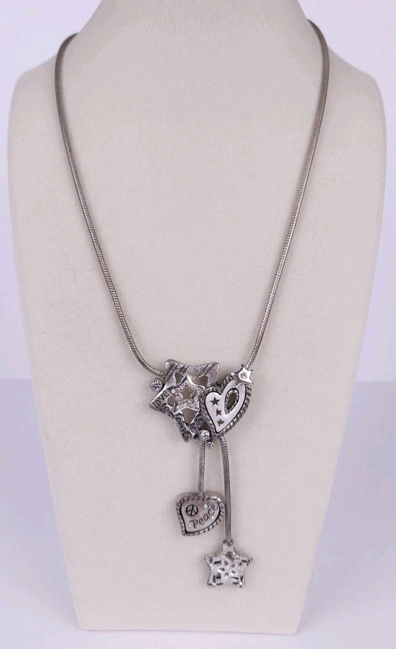 Chico’s Silvertone Peace Love Freedom Lariat Star Heart Rhinestone Necklace