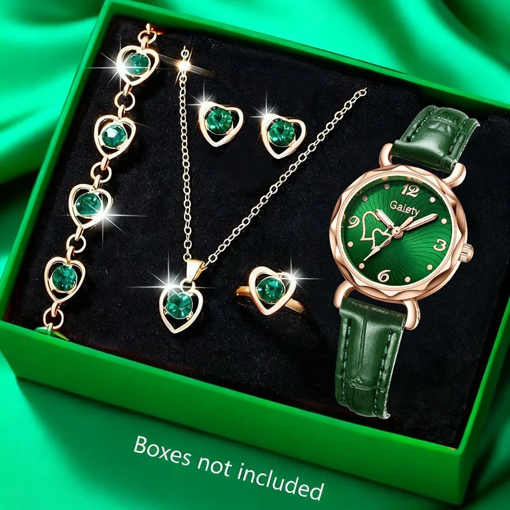 Women Quartz Watch Jewelry Set Heart Rhinestone Necklace Ring Earrings Gift USA