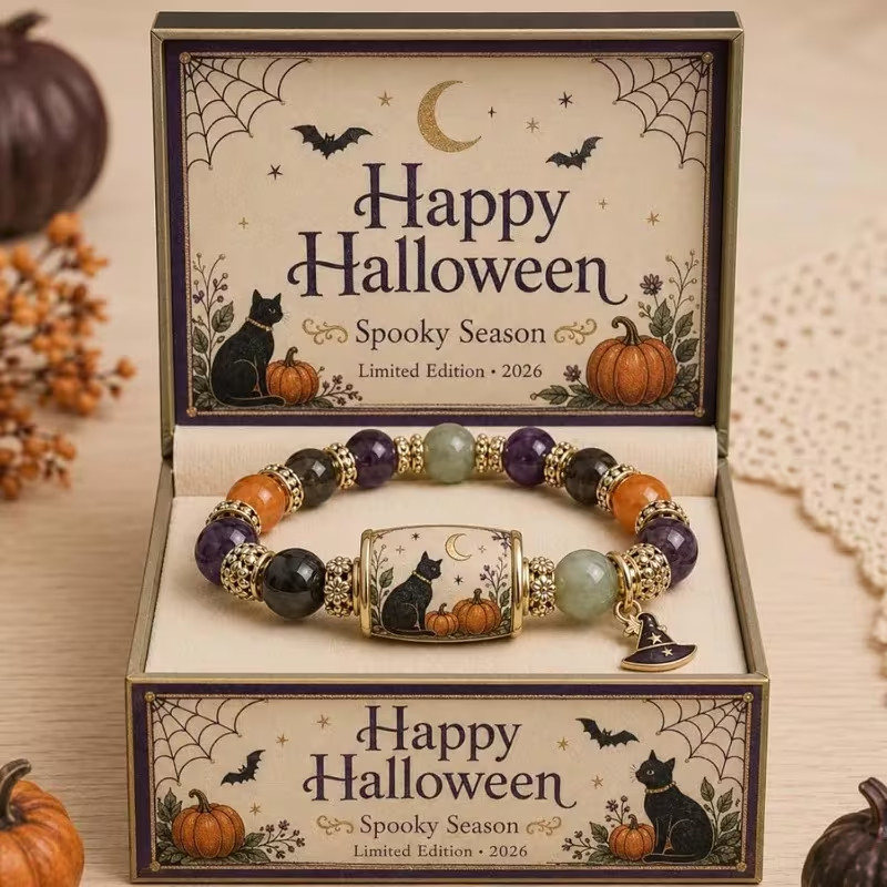 2026 Halloween Beaded Stretch Bracelet Witch Hat Cat Pumpkin Charm Gift Women