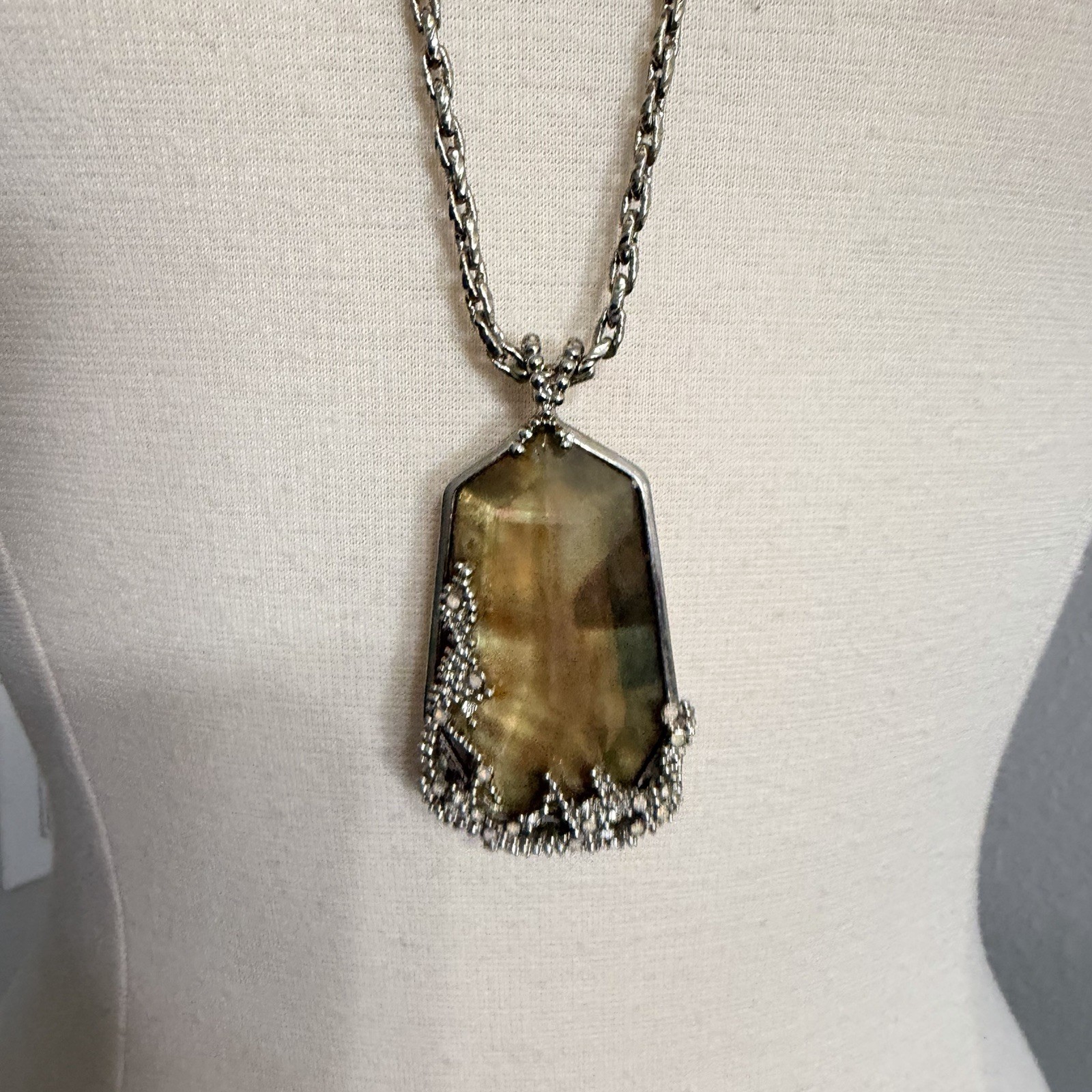 CHLOE ISABEL long chain pendant gold brown stone with silver toned necklace
