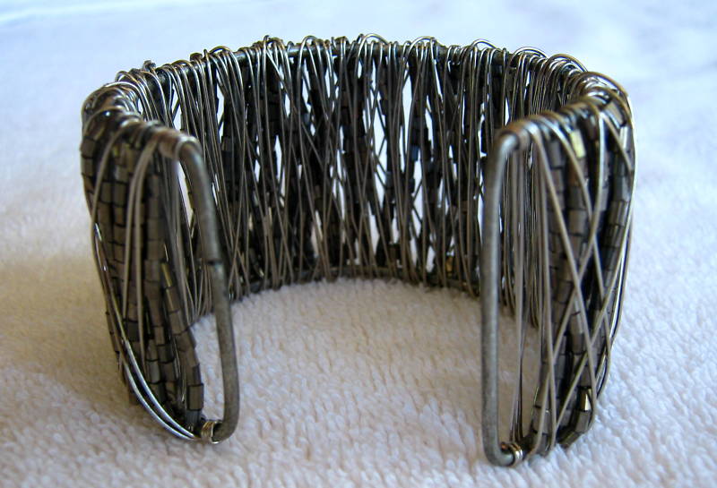 Metal Cuff Bracelet Acrylic Glass Beads Gun Metal Gray Tones 7-8″