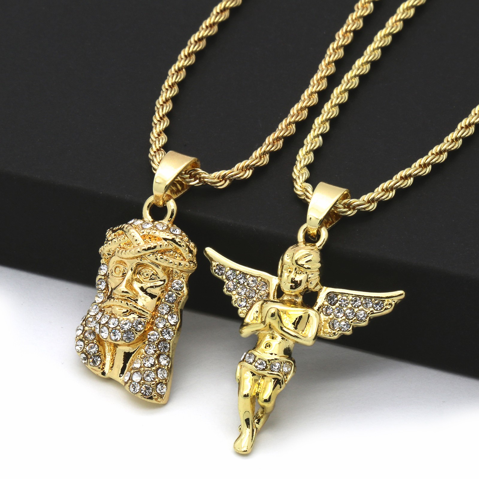 14k Gold Plated High Fashion Cubic-Zirconia Jesus & Angel 30″ & 24″ Rope chain