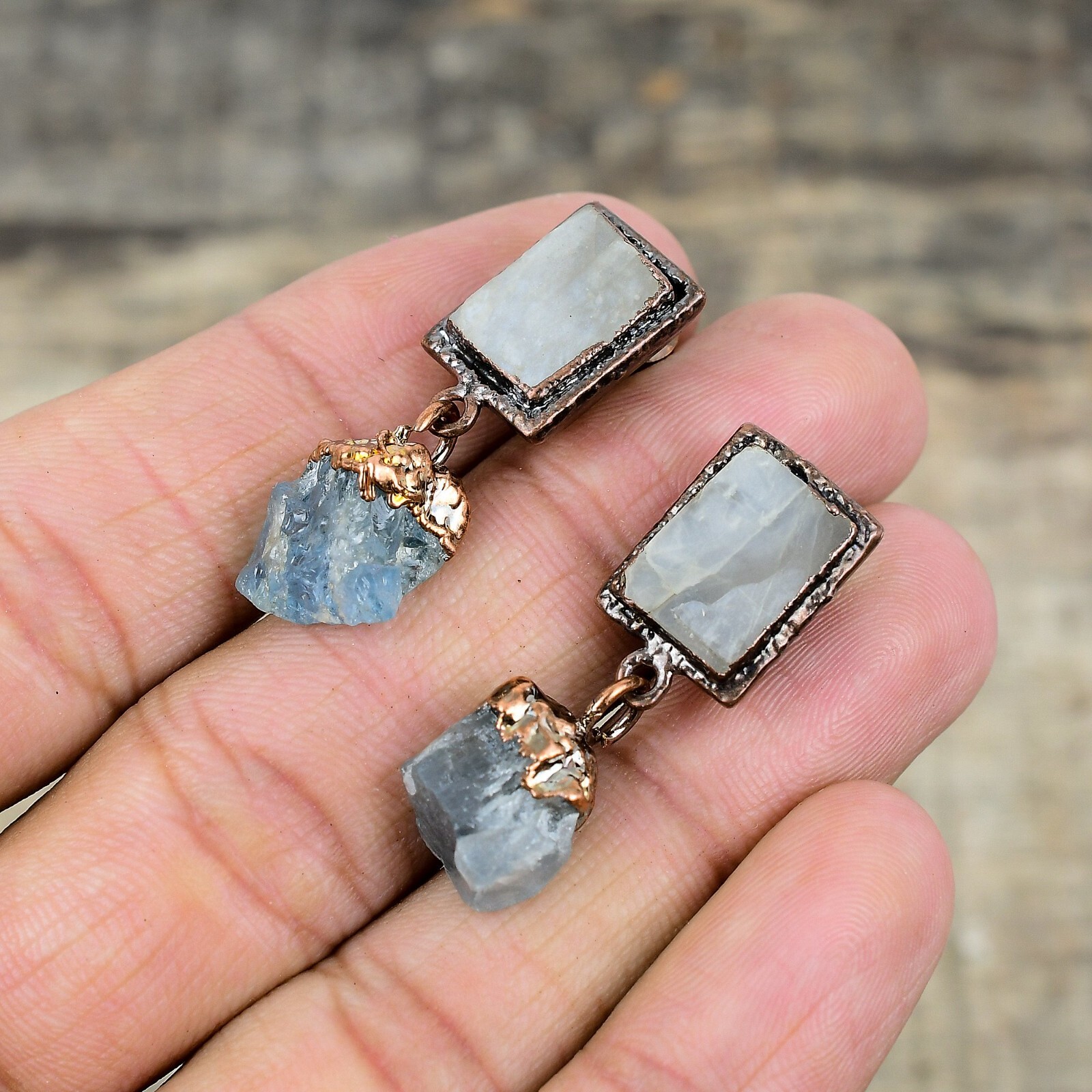 Rainbow Moonstone Rough Copper Gift For Mother Electroformed Earrings 1.38″