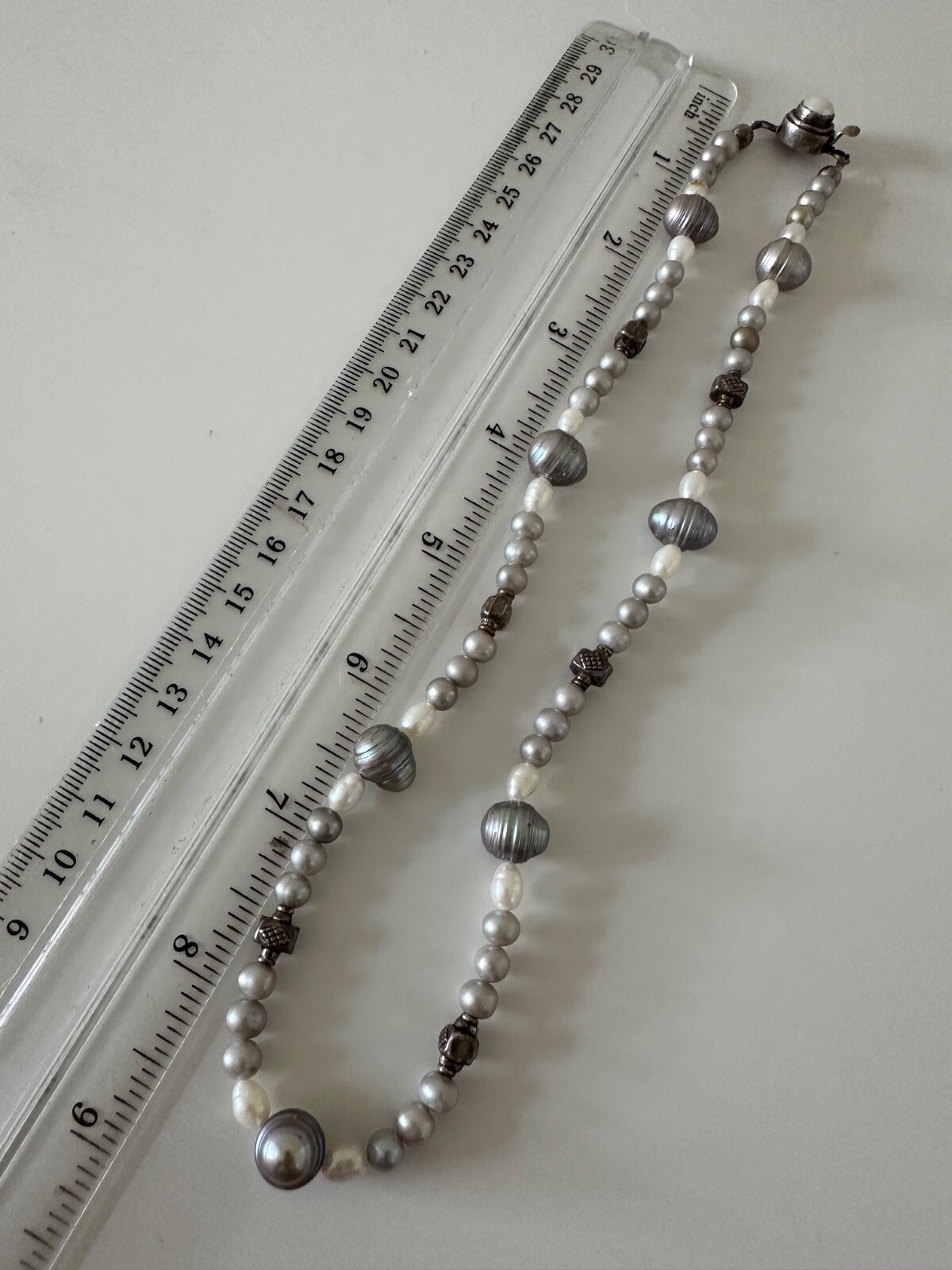 Sterling Silver Grey Pearl Necklace Beaded Iridescent 925 Push Lock 17 in