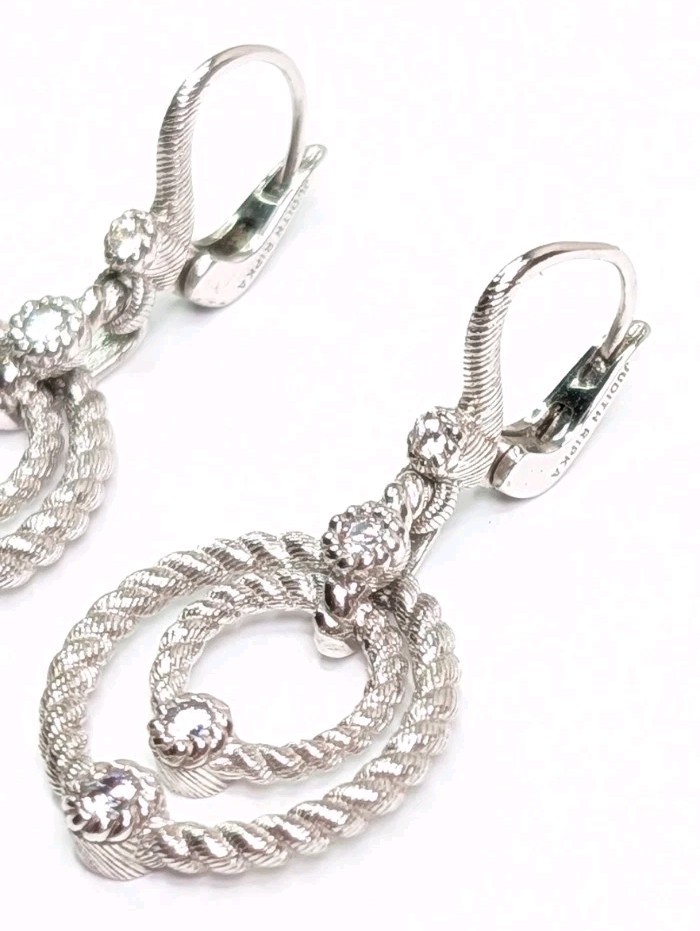 Judith Ripka Dangle Earrings Double Circle Drop CZ Sterling Silver Lever Back