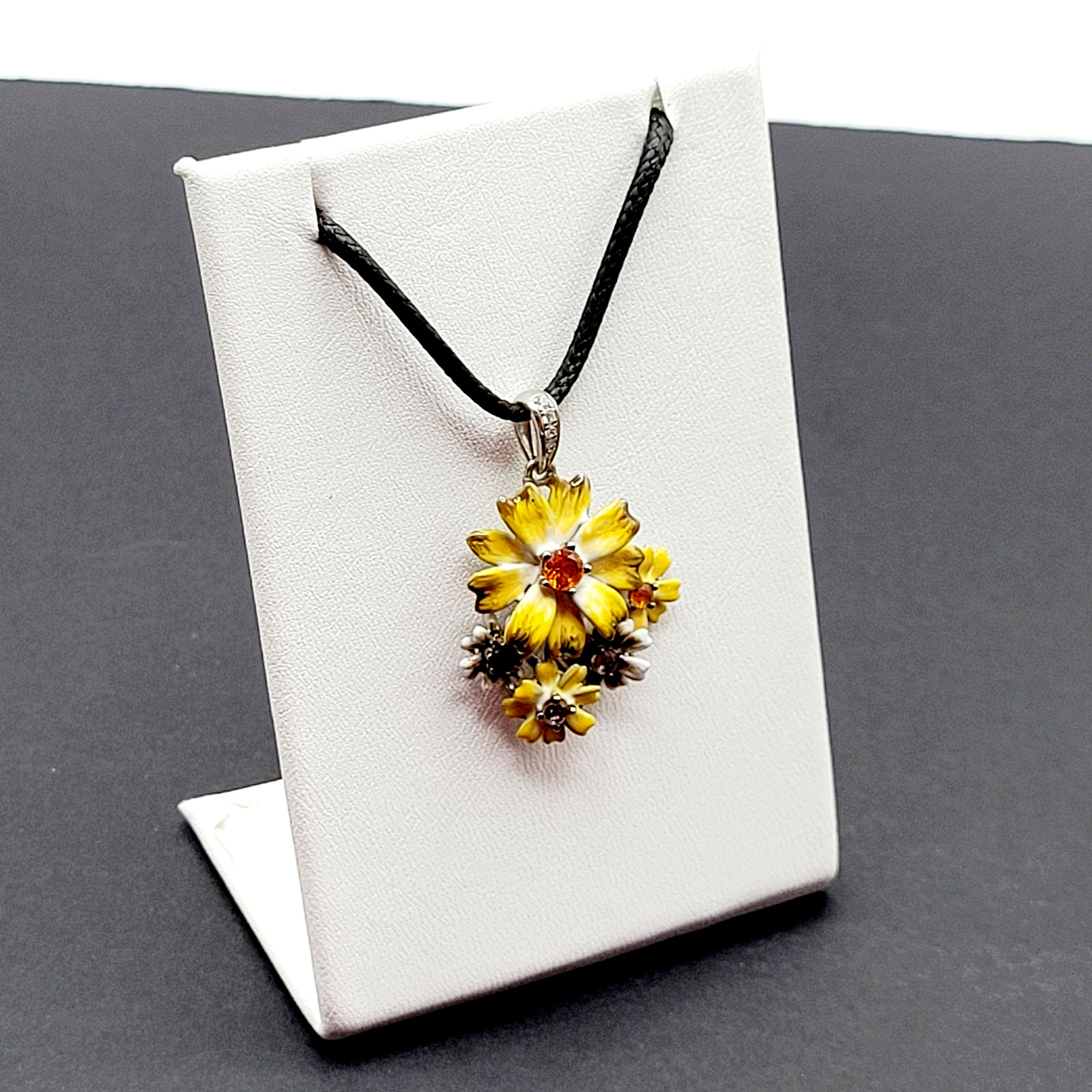 Yellow Flower Floral Bouquet Cluster 925 Pendant Black Cord Necklace 19 Inch