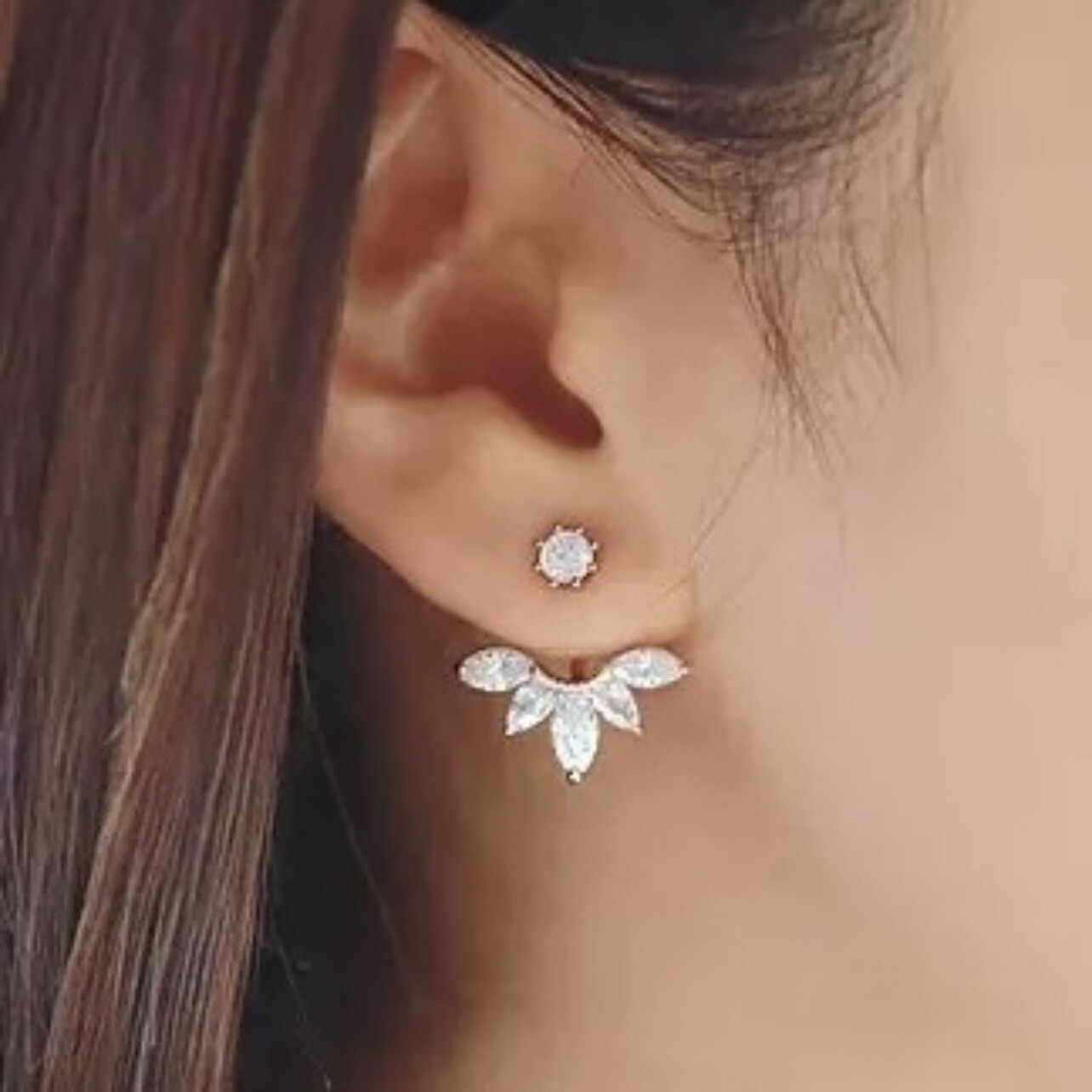 Ear Jackets Earrings Front Back Crystal Flower Gold Tone Fashion Jewelry