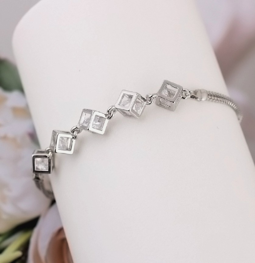 Sparkly Zircon Square Cube Double Box Chain Splice Silver Plated Alloy Bracelet