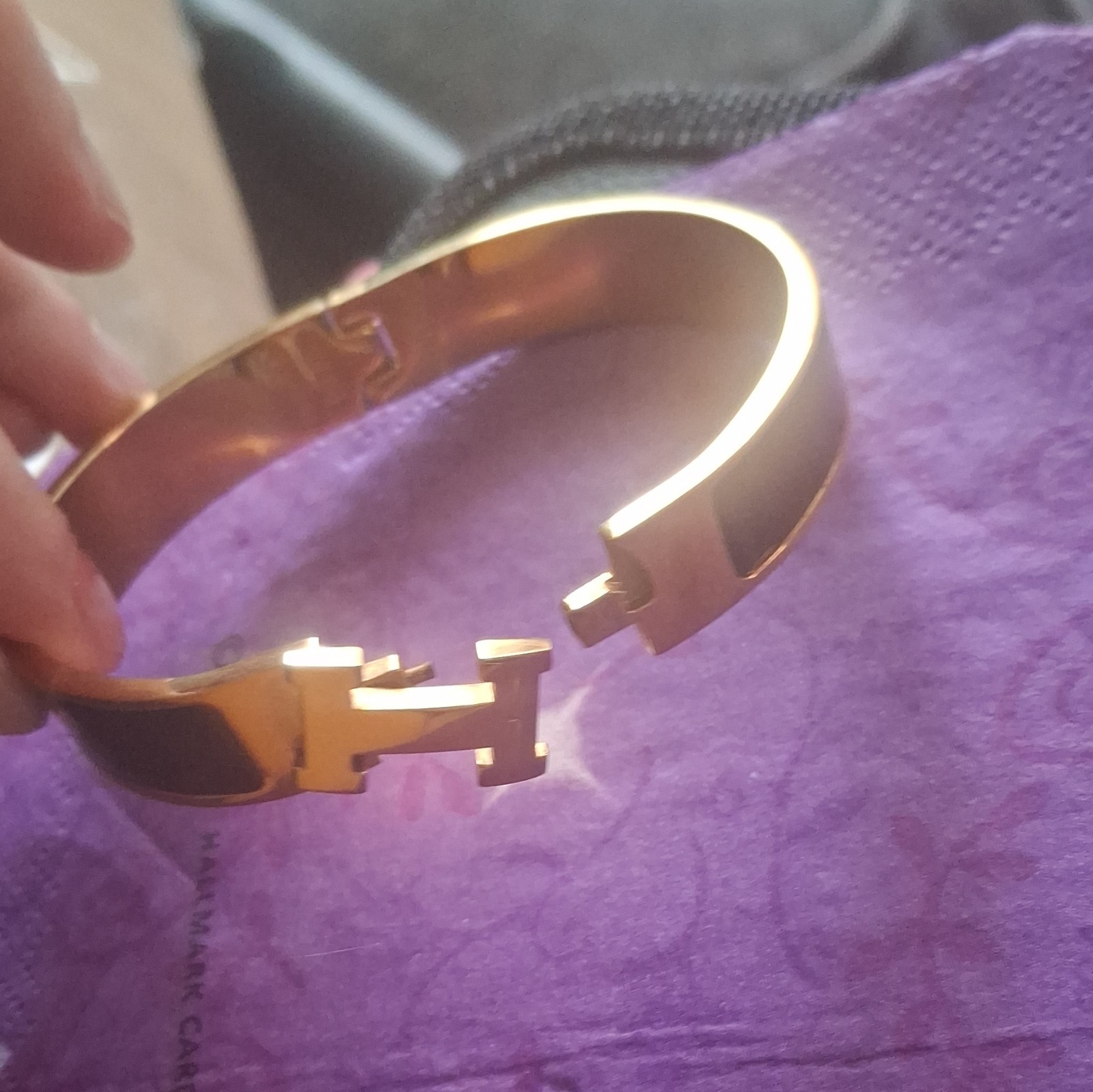 HERMÈS H Clic Clac Hinged Bangle Bracelet Gold Tone Black Enamel Signed