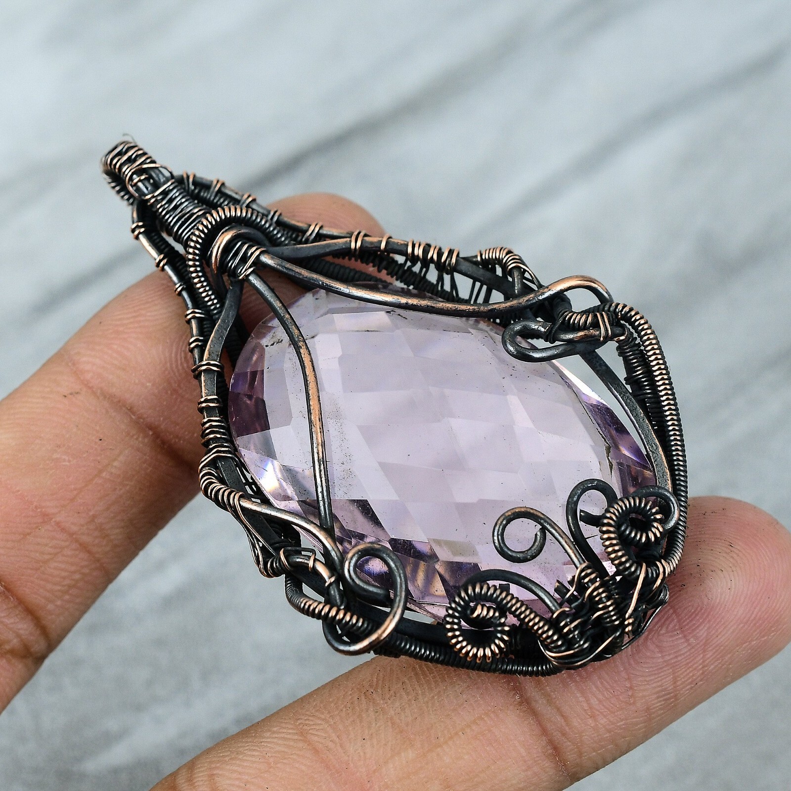 Pink Kunzite Wire Wrapped Pendant Handcrafted Copper Unique Jewelry 2.76″
