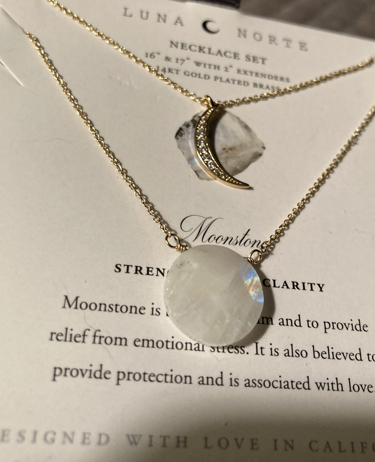 Luna Norte Moonstone 14KT Plated Brass Necklace~Strength~Hope~Clarity~ NIB!