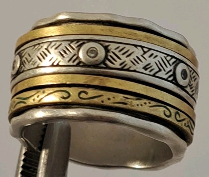 Silpada Isabella Spinner Ring Sterling & Brass Etched Bands Cz Size 8.5 17 grams