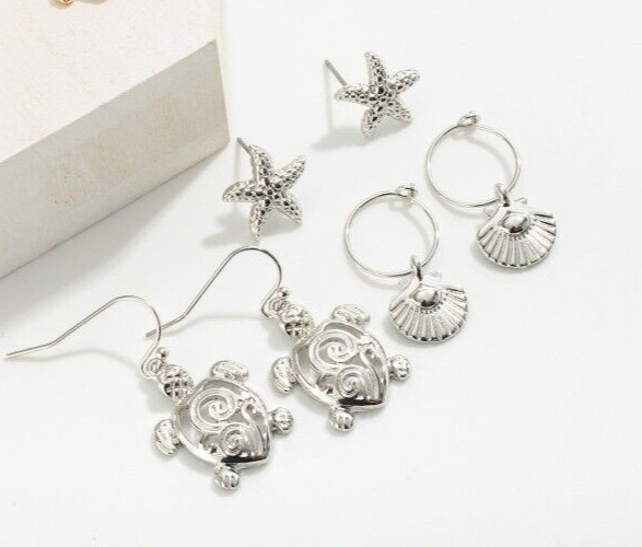 Cute Silver Beach theme 3 Pair Earrings Set