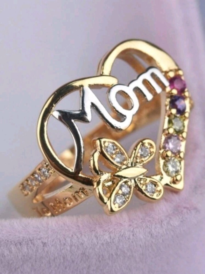 Gold-Plated Zinc Heart-Shaped MOM Ring Butterfly Multi-Color Stones Ring Size 6