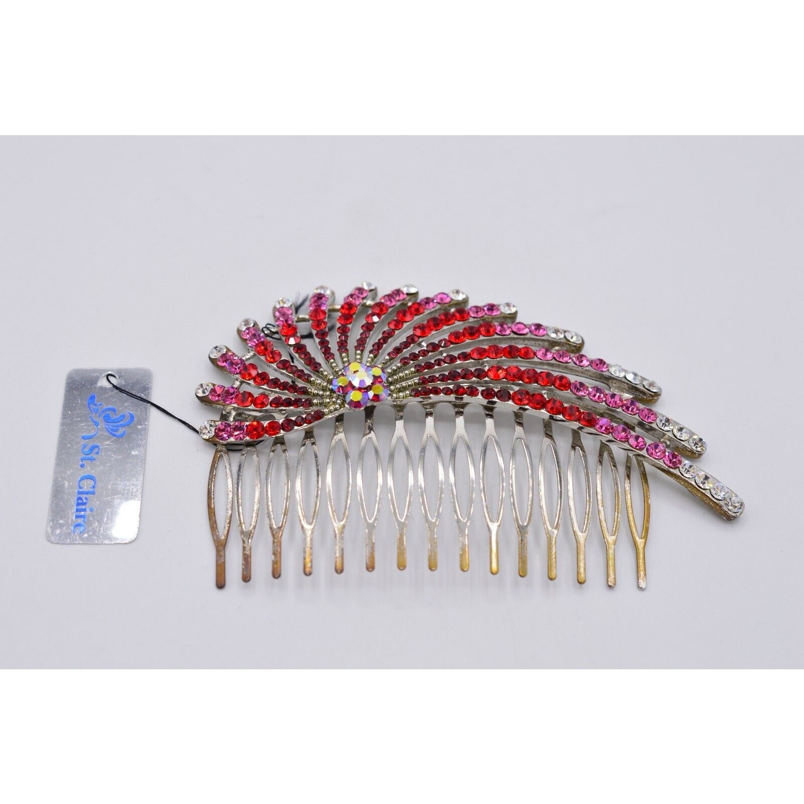 St. Clair Vintage Red Rhinestone Crystal Hair Pin Comb Aurora Borealis Pink