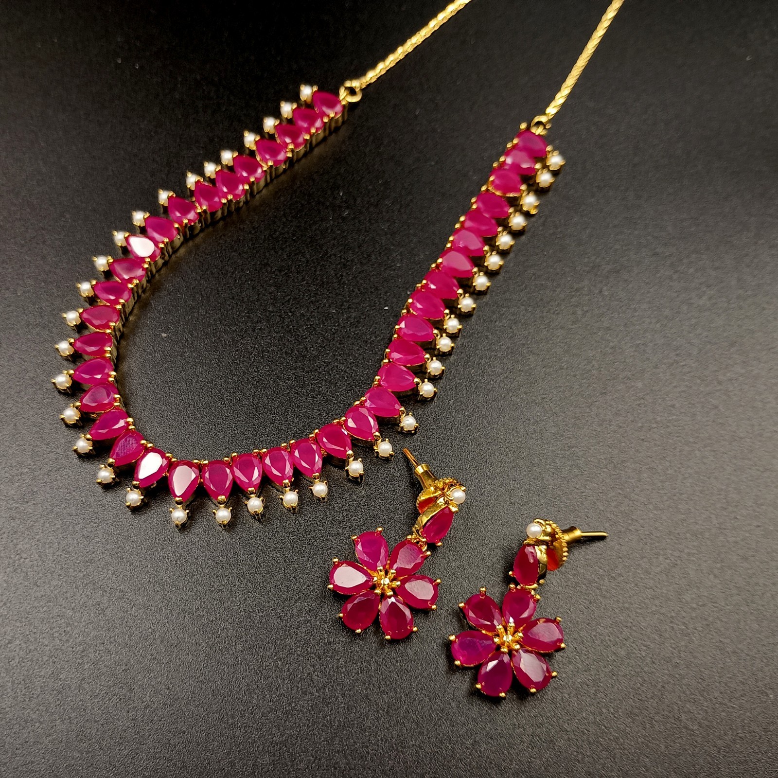 Ruby Pearl Necklace Set 22K Gold Plated Red Gemstone Anniversary Gift her