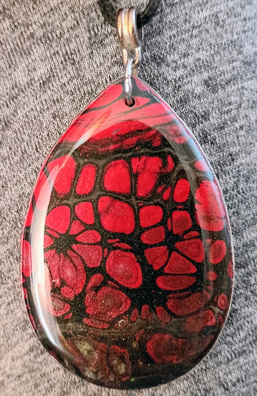 Hand Painted Necklace On Wood w/ Silver Toned Fitting & Black Cord Lightweight