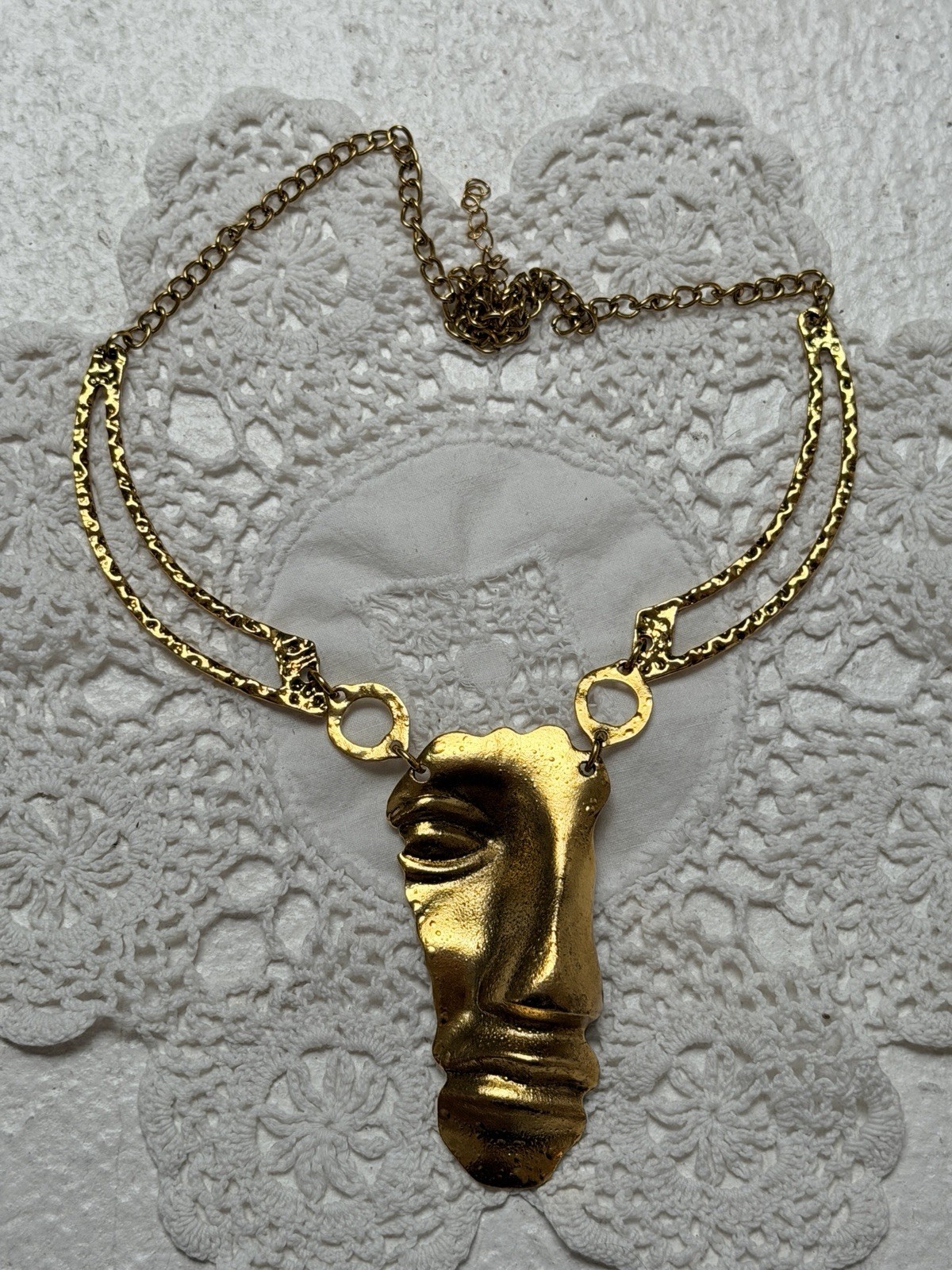 Gold Tone Cable Chain Pendant Necklace Abstract Face Charm Statement Jewelry