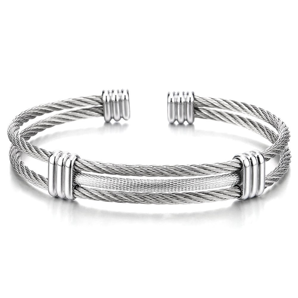 Men’s Stainless Steel Cable Wire Cuff Bracelet With Twisted Rope Design, Mini…