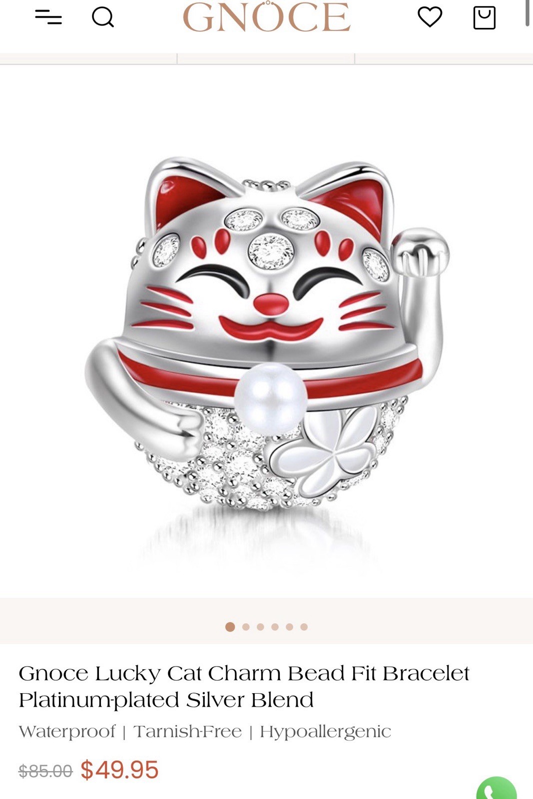 Gnoce Luck Cat Charm Bead For Charm Bracelet Platinum Plated Sterling Silver 925
