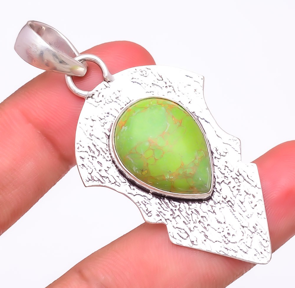 Copper Green Turquoise Gemstone 925 Silver Plated Pendant 2.5″ T8643