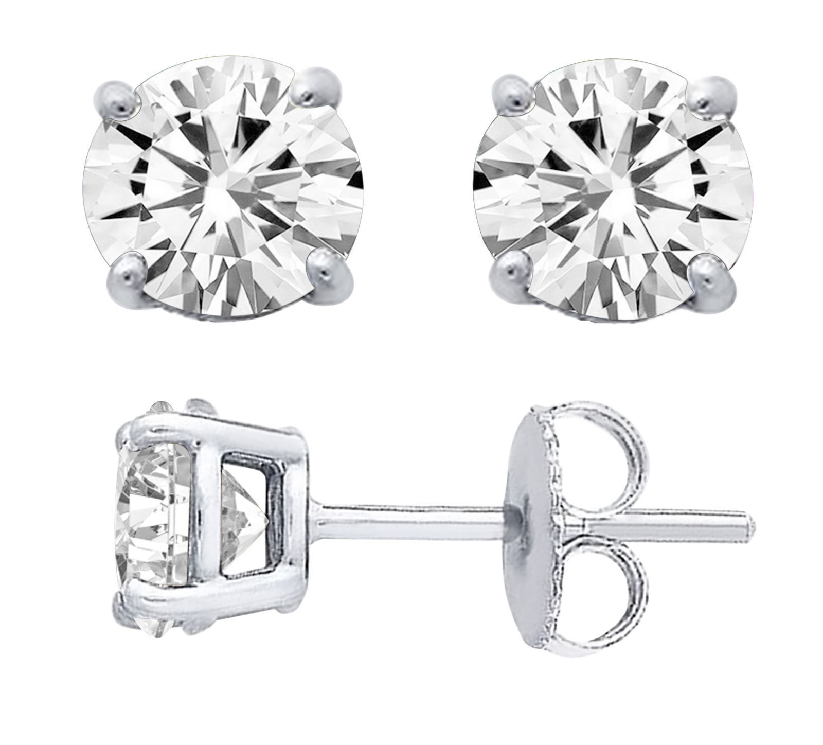 Solid Sterling Silver Basket Set CZ Stud Earrings ROUND CUBIC ZERCONIA 3 COLORS