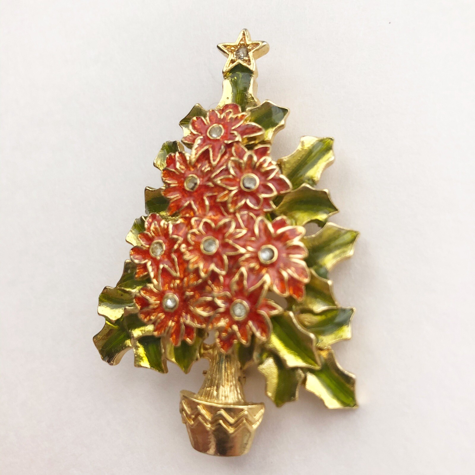Christopher Radko Enamel Rhinestone Poinsettia Christmas Tree Brooch Pin Vintage