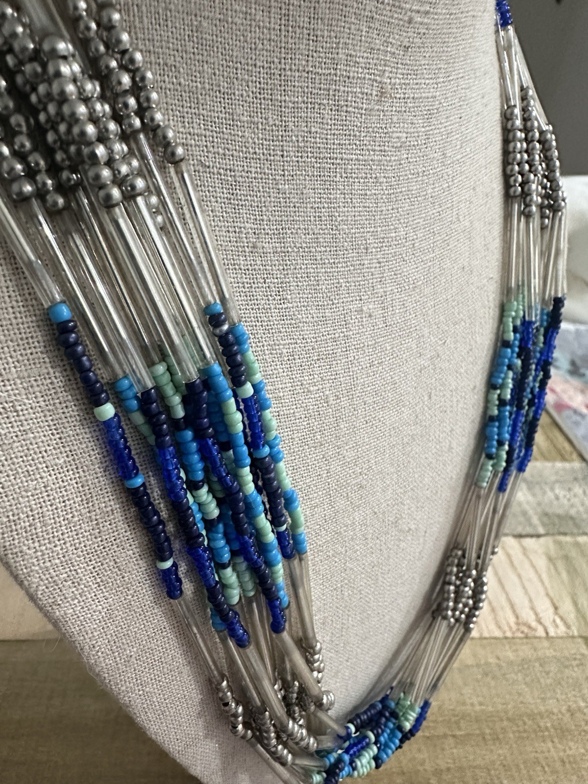 Beautiful Multi Strand Teal and Blue Glass Tube Necklace Long