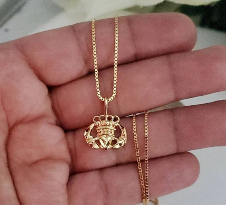 Gold Claddagh Necklace, 14k Heavy Plated Gold, 1mm Box Chain