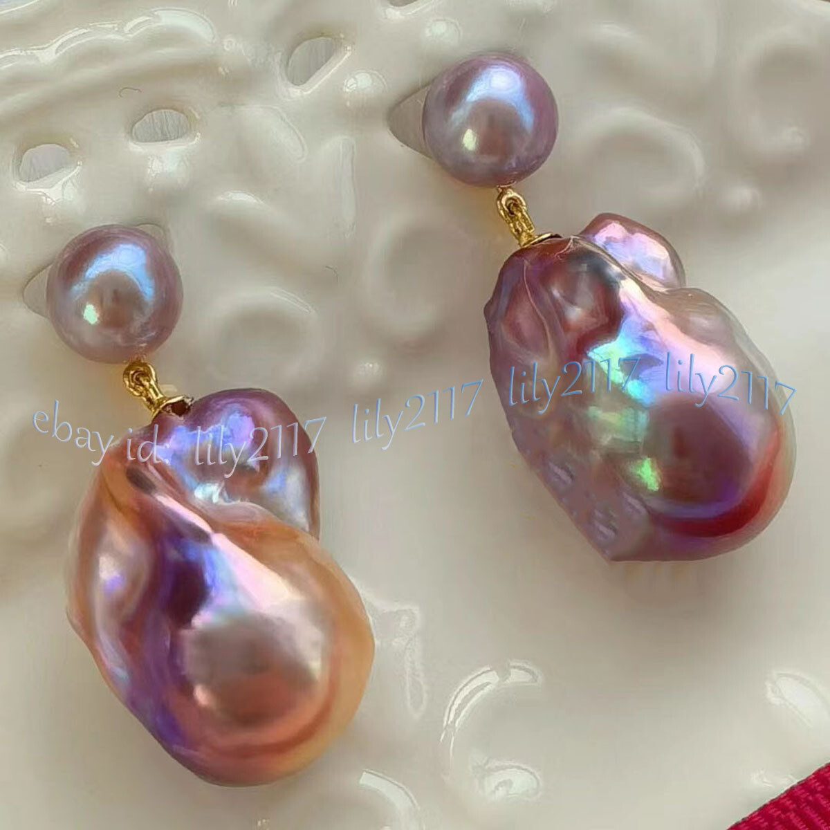 HUGE REAL NATURAL PURPLE KESHI BAROQUE PEARL DANGLE GOLD STUD EARRINGS AAA