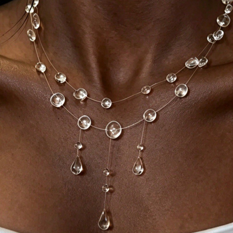 Clear Dew Drop Necklace Simple Lariat Chain Minimalist Glass Pendant Choker