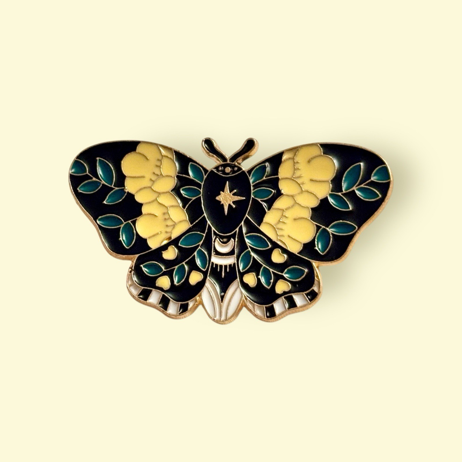 Black and Yellow Flower Wing Butterfly or Moth Enamel Pin