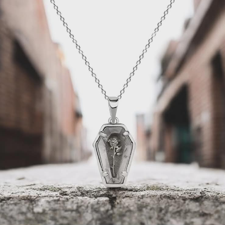 Creative 18K Zinc Rose Coffin Pendant + Stainless Steel Necklace (Silver, Gold)