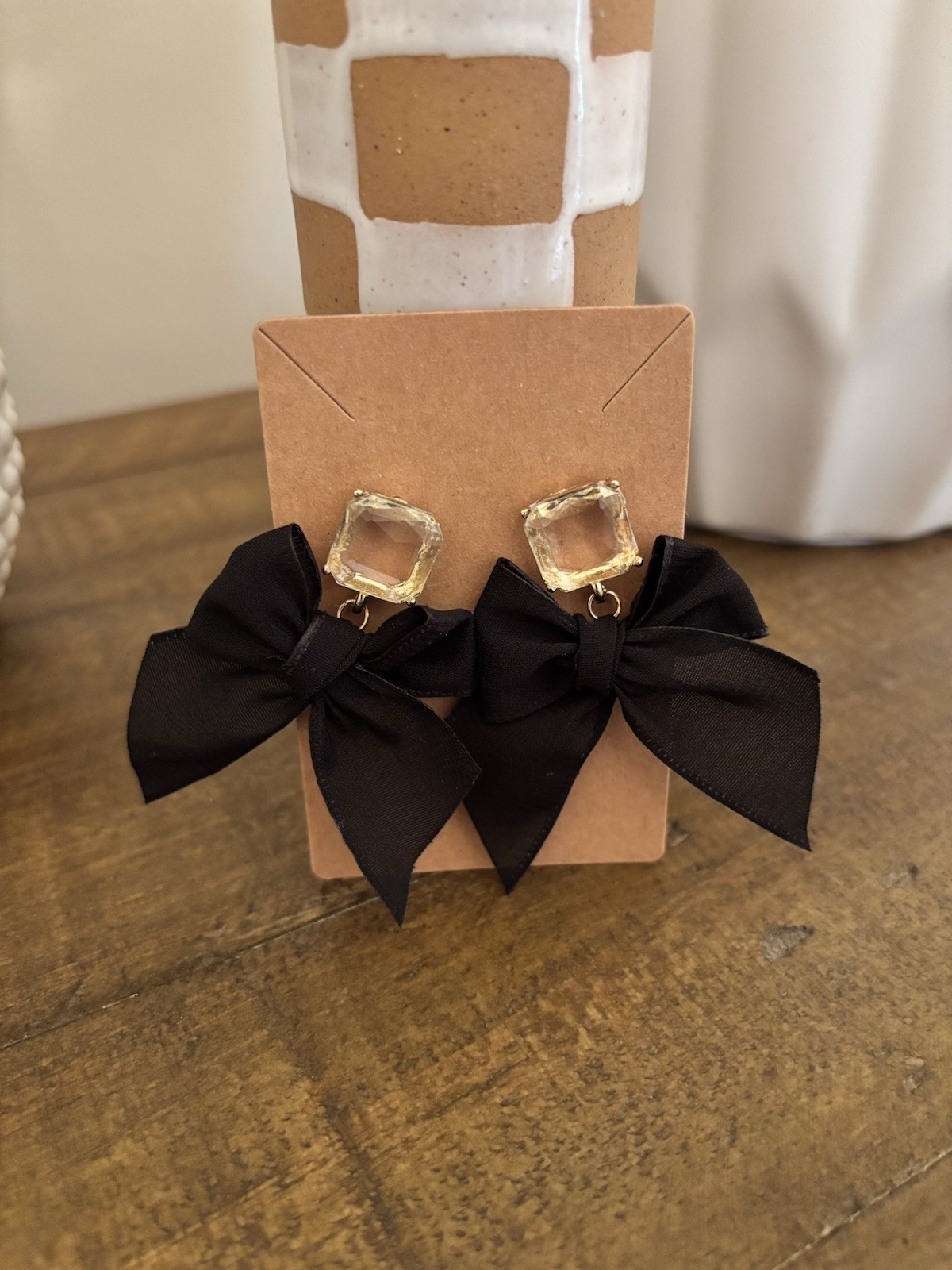 Crystal Stud Earrings with Black Bow Accent
