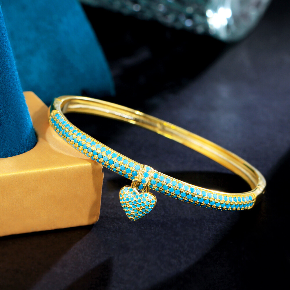 Blue Turquoise CZ Women Heart Charm Yellow Gold Plated Round Open Cuff Bangle