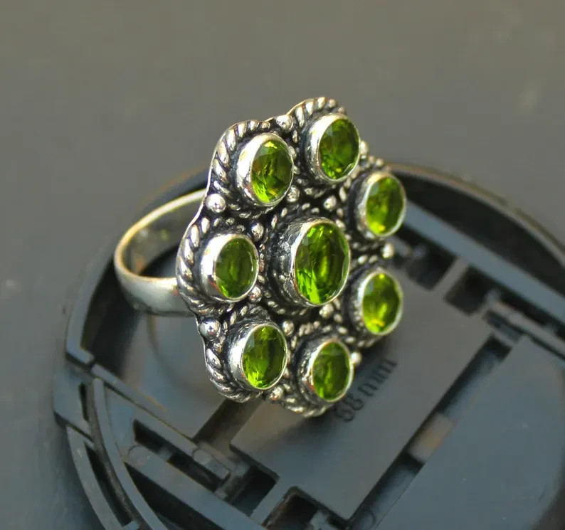 Peridot Cluster Ring | Vintage Style Peridot Ring. Green Gemstone Statement Ring