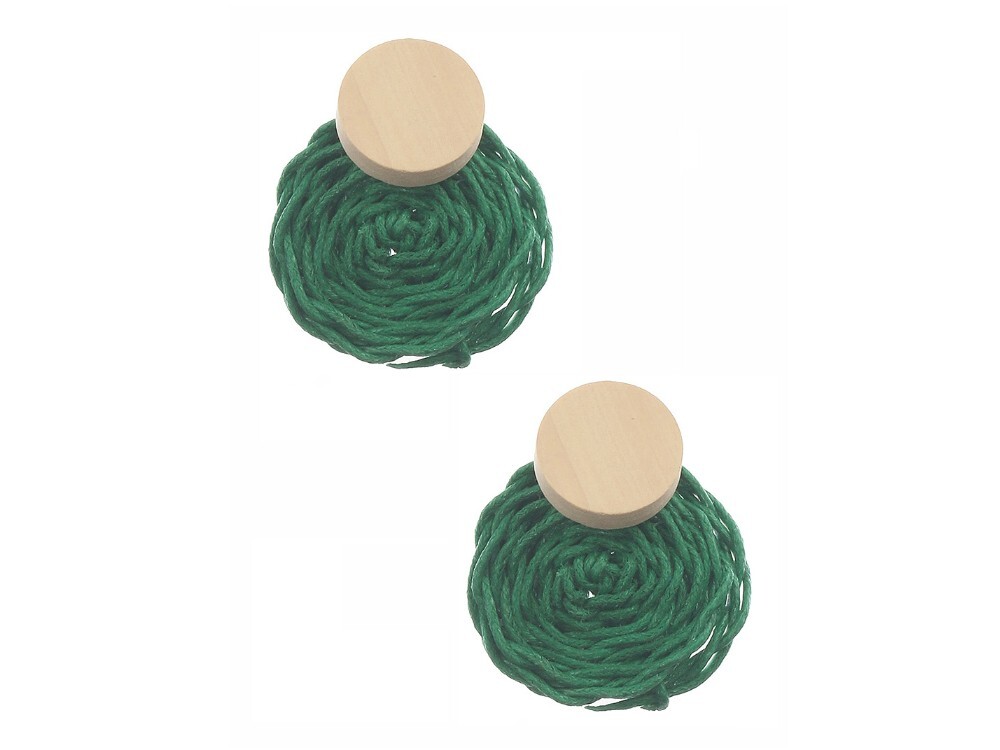 Green Round Wood Woven Cord Flower Post Pin Earrings